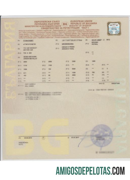 Bulgaria Vehicle Registration Certificate amostra